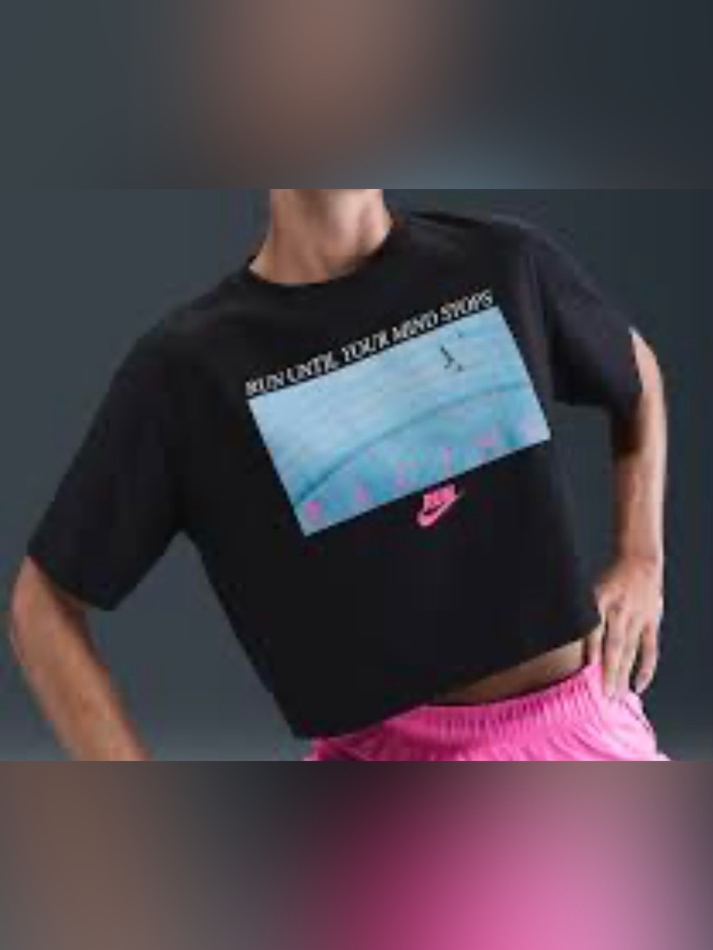Nike Women Black Cropped Tee with Blue Photo Graphic and Pink Swoosh Size XL